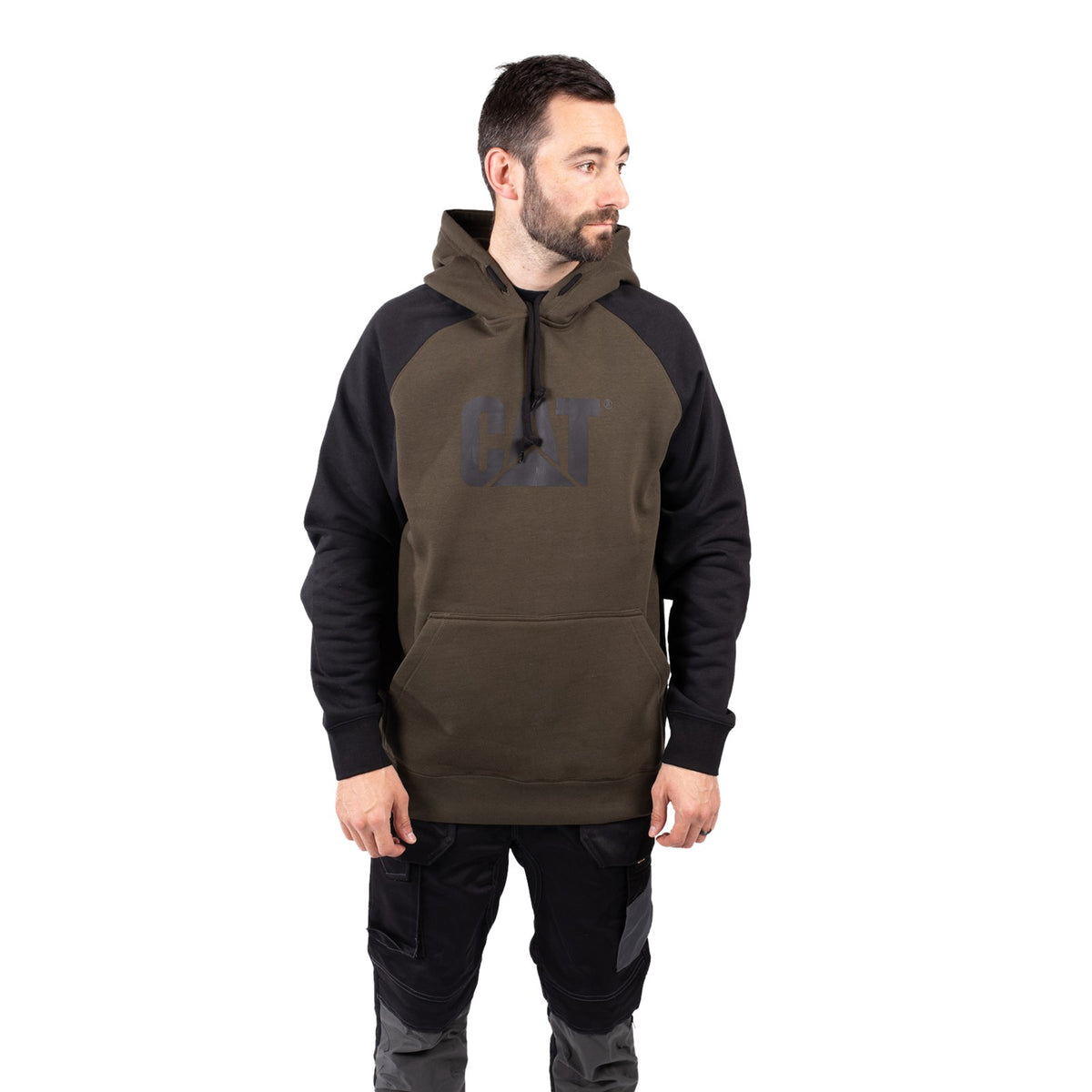 Caterpillar Mens Raglan Hooded Sweatshirt Army Moss/Black