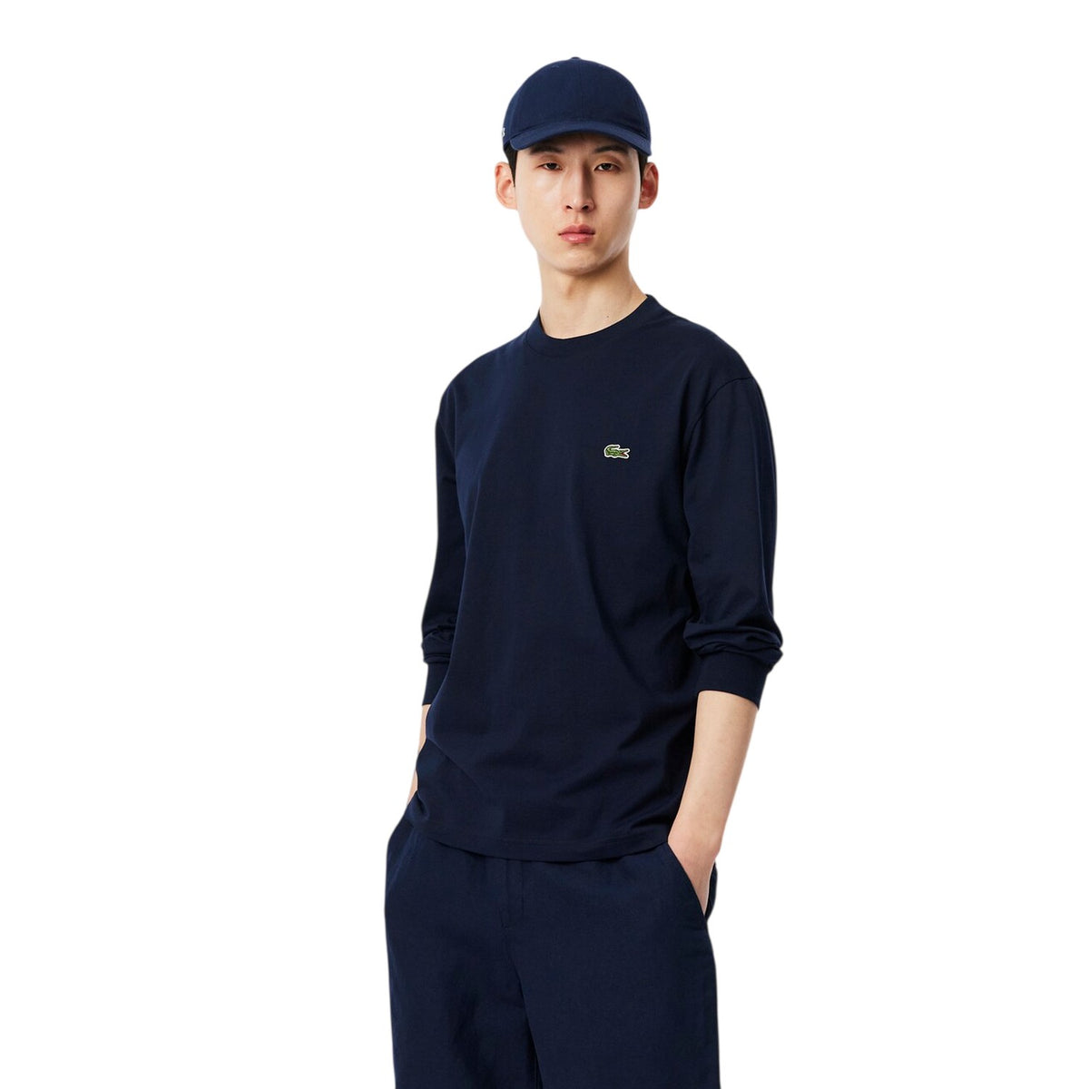 Lacoste Mens Crocodile Print Cotton Regular Long-Sleeved T-Shirt Navy