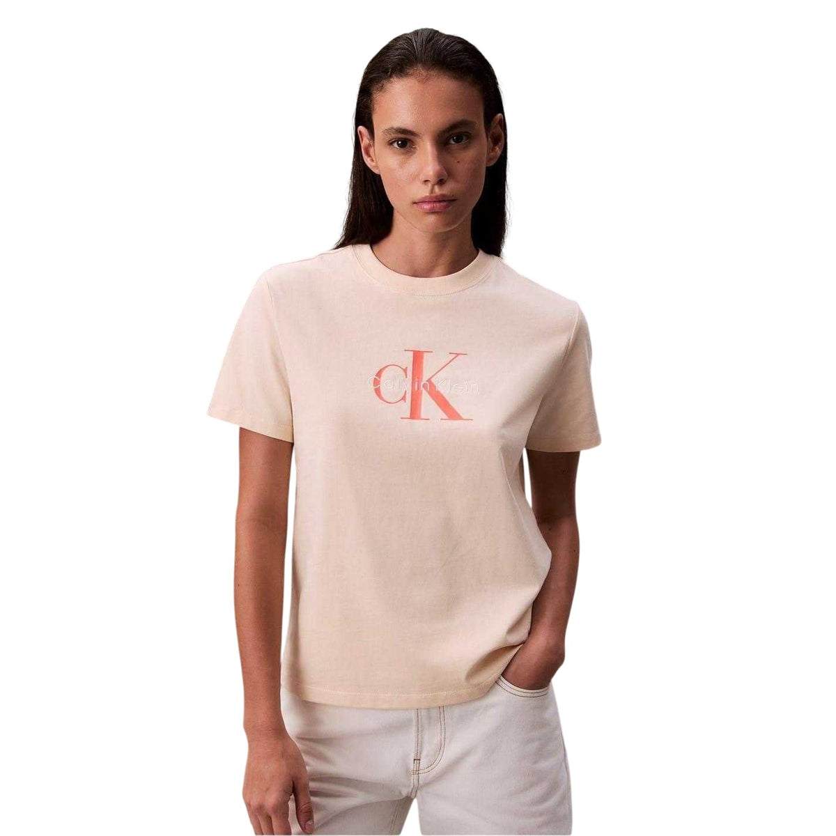 Calvin Klein Womens Monogram Crew Neck T-Shirt Sand