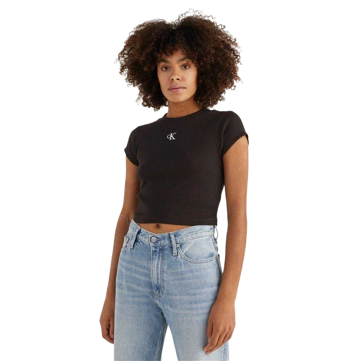 Calvin Klein Womens Mono Ribbed Crop T-Shirt Black
