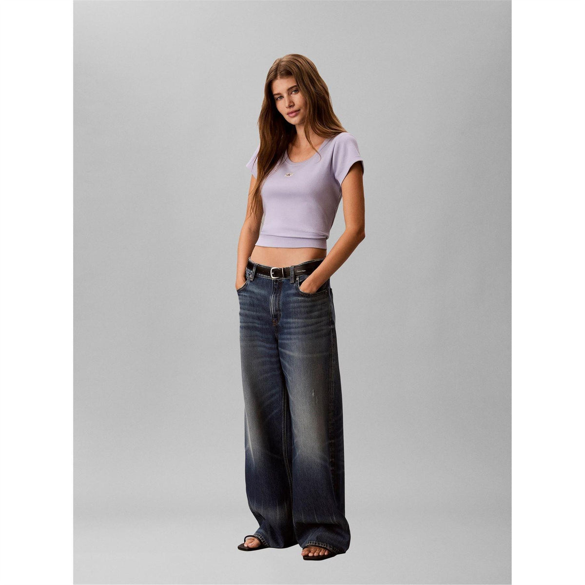 Calvin Klein Womens Ribbed Woven Crop Top Cosmic Sky