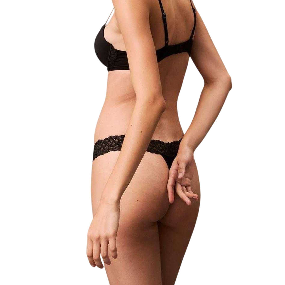Calvin Klein Womens Lace Trim Recycled Nylon Thong Black