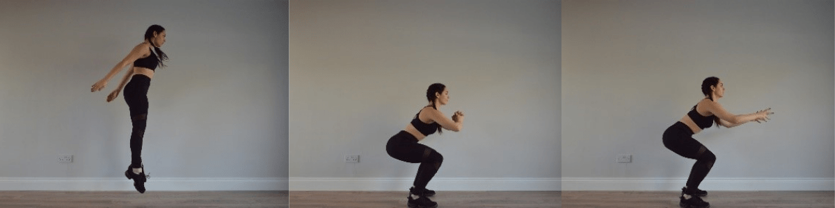 Girl working out at home in squat position, jumping upwards, returning to squat