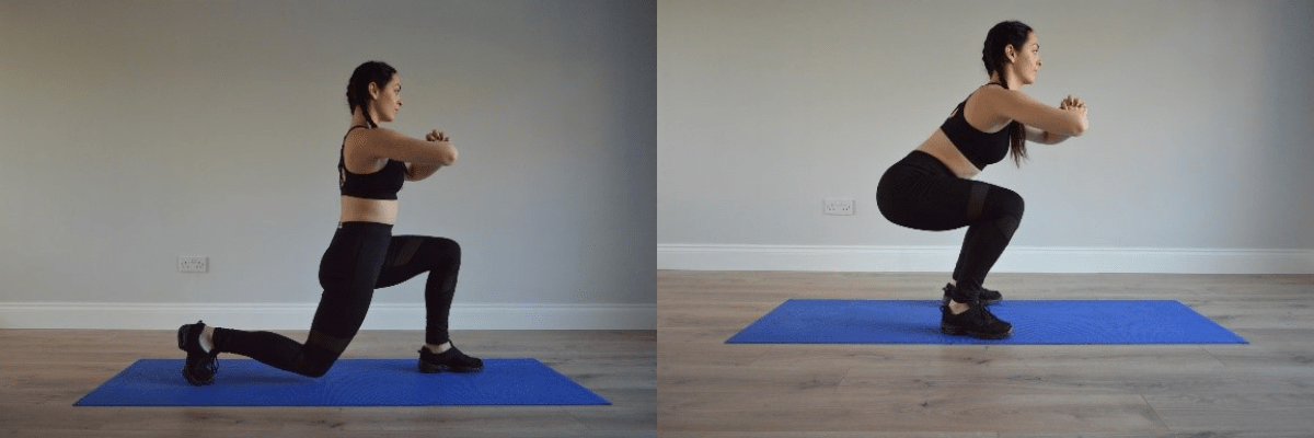 Fitness model performing squat and lunge exercise at home