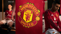 An image of Manchester United FC team players sitting in the changing room & wearing the new 2025 Man Utd Home kit