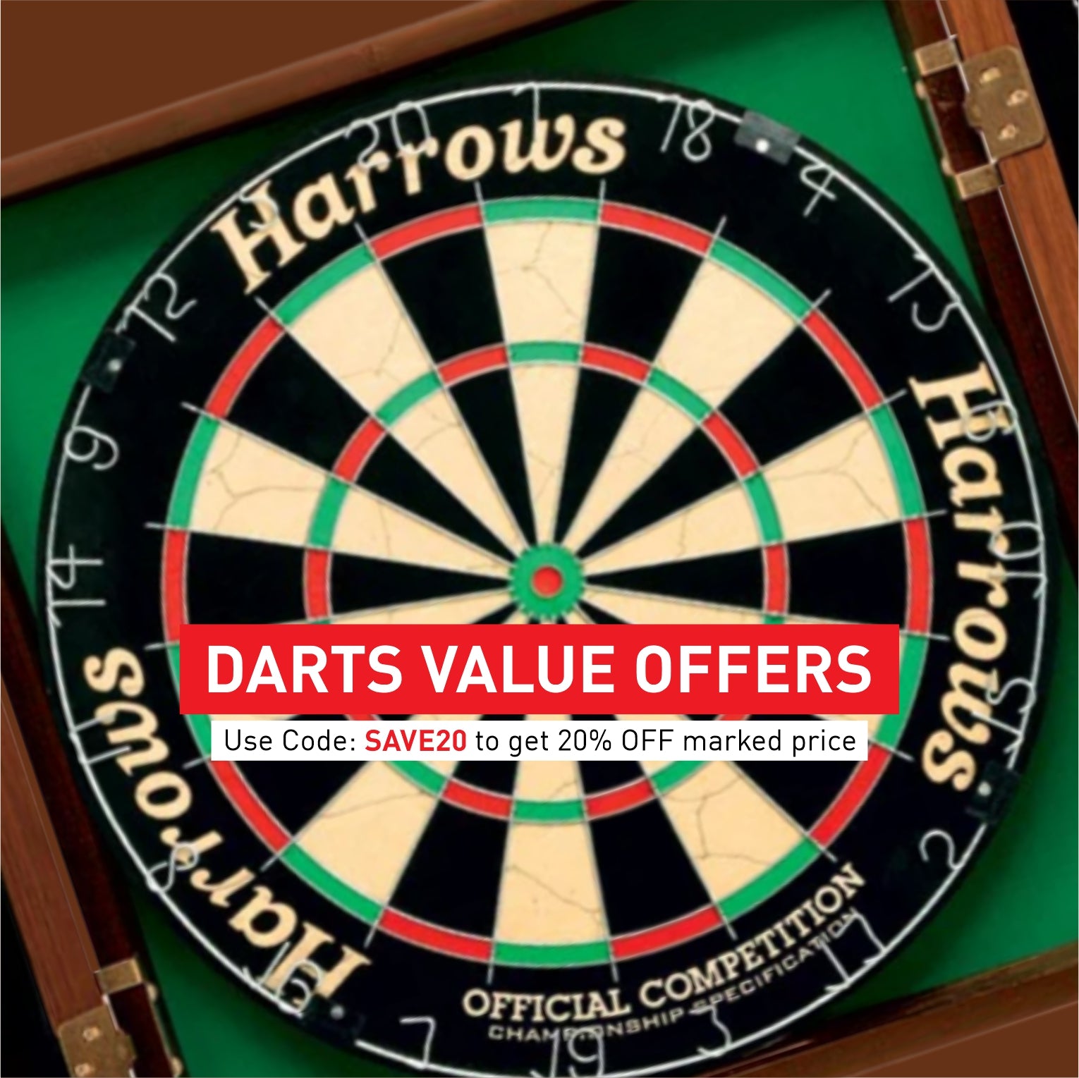 Harrows dartboard with promotional text overlay on a green background