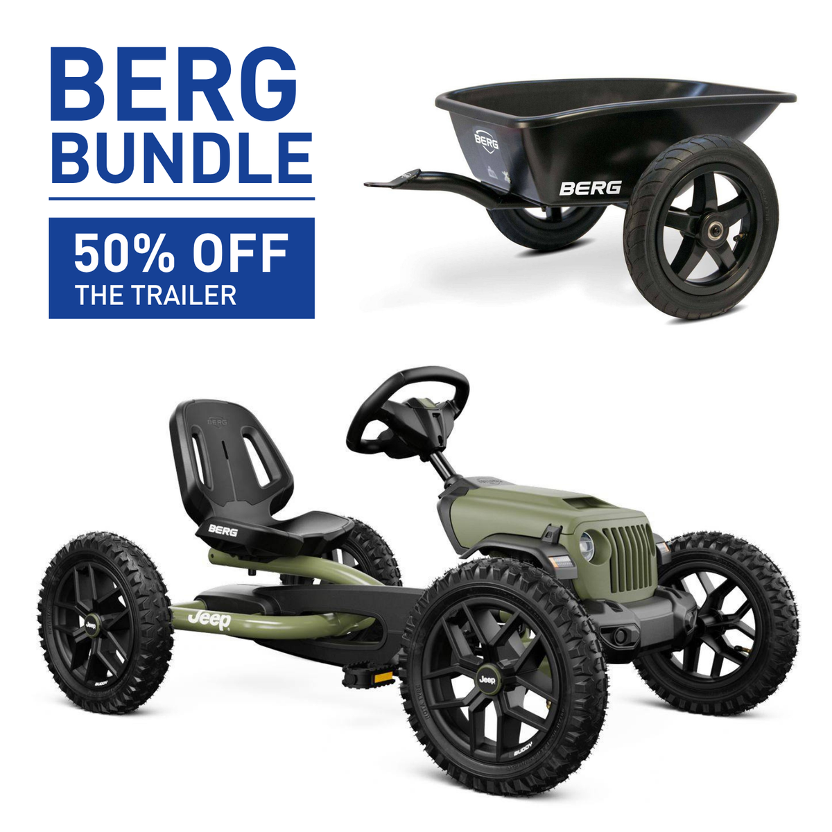 BERG Jeep® Buddy Wrangler Green Go-Kart and Trailer