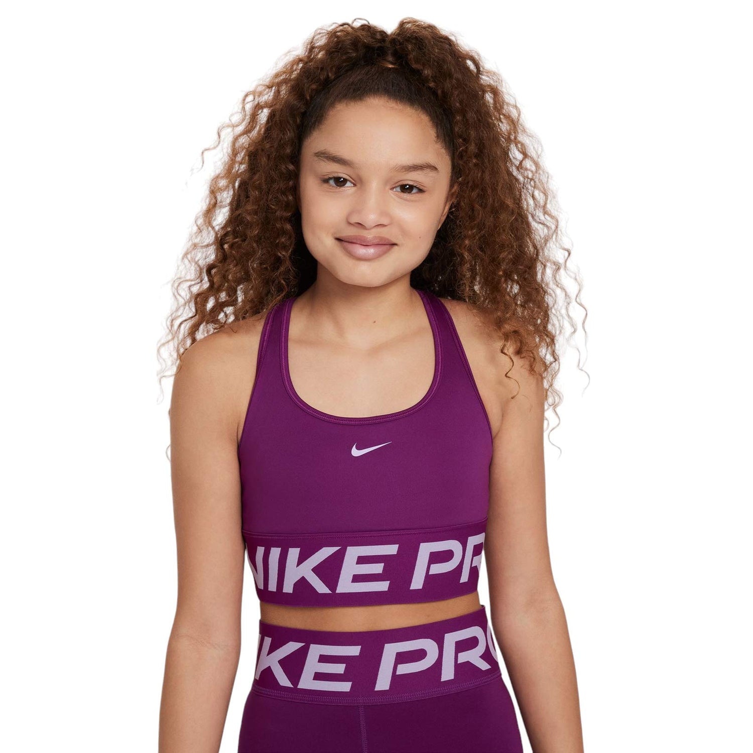 Nike Girls DF Pro Swoosh Bra Purple Intersport Elverys