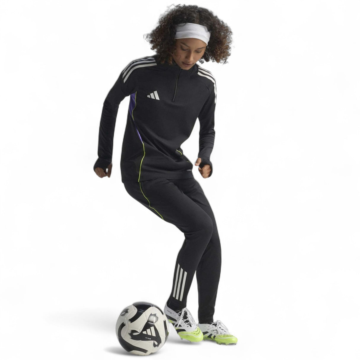 adidas Predator Elite Adults Firm Ground Football Boots Female Model with Ball Full-Length View