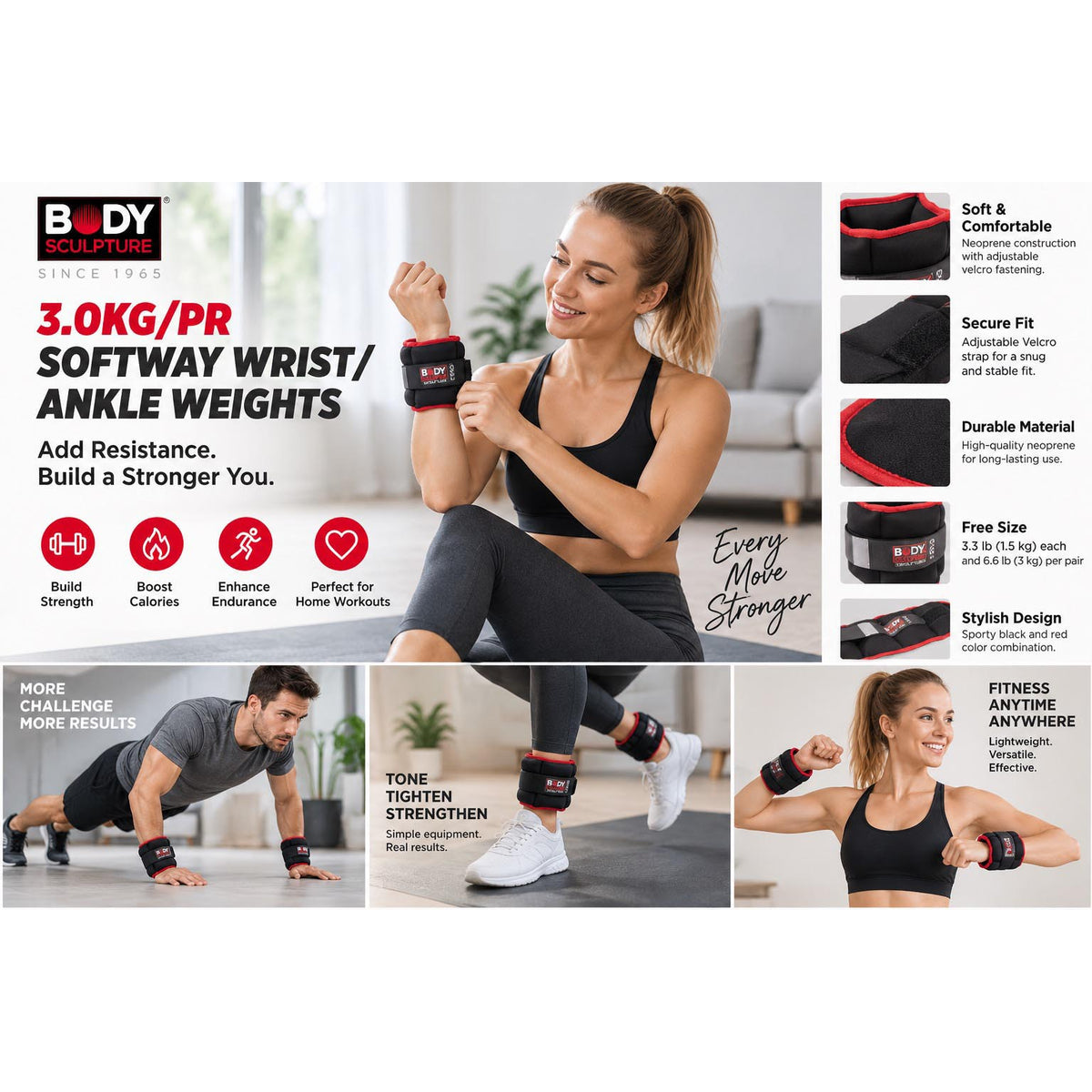 Body Sculpture 3.0kg Softway Wrist and Ankle Weights