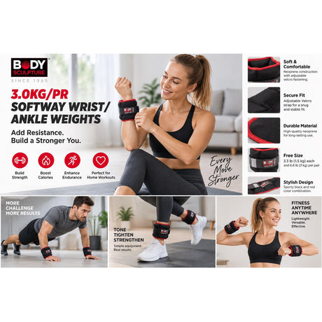Body Sculpture 3.0kg Softway Wrist and Ankle Weights