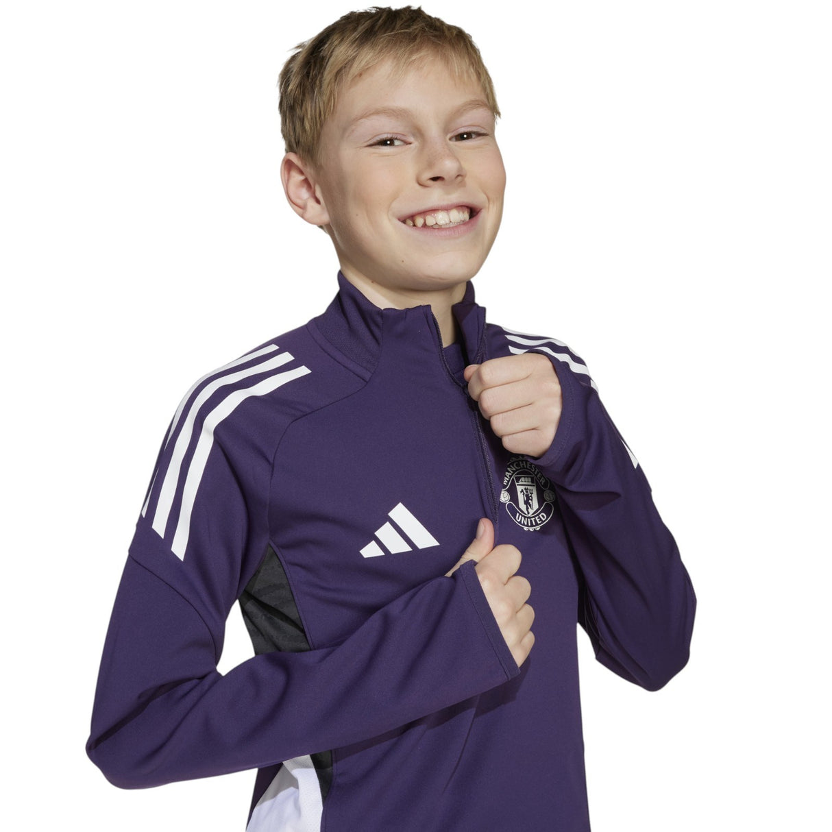 adidas Manchester United Tiro Football 2025/26 Kids Half-Zip Training Top Close-Up Model Front Side View