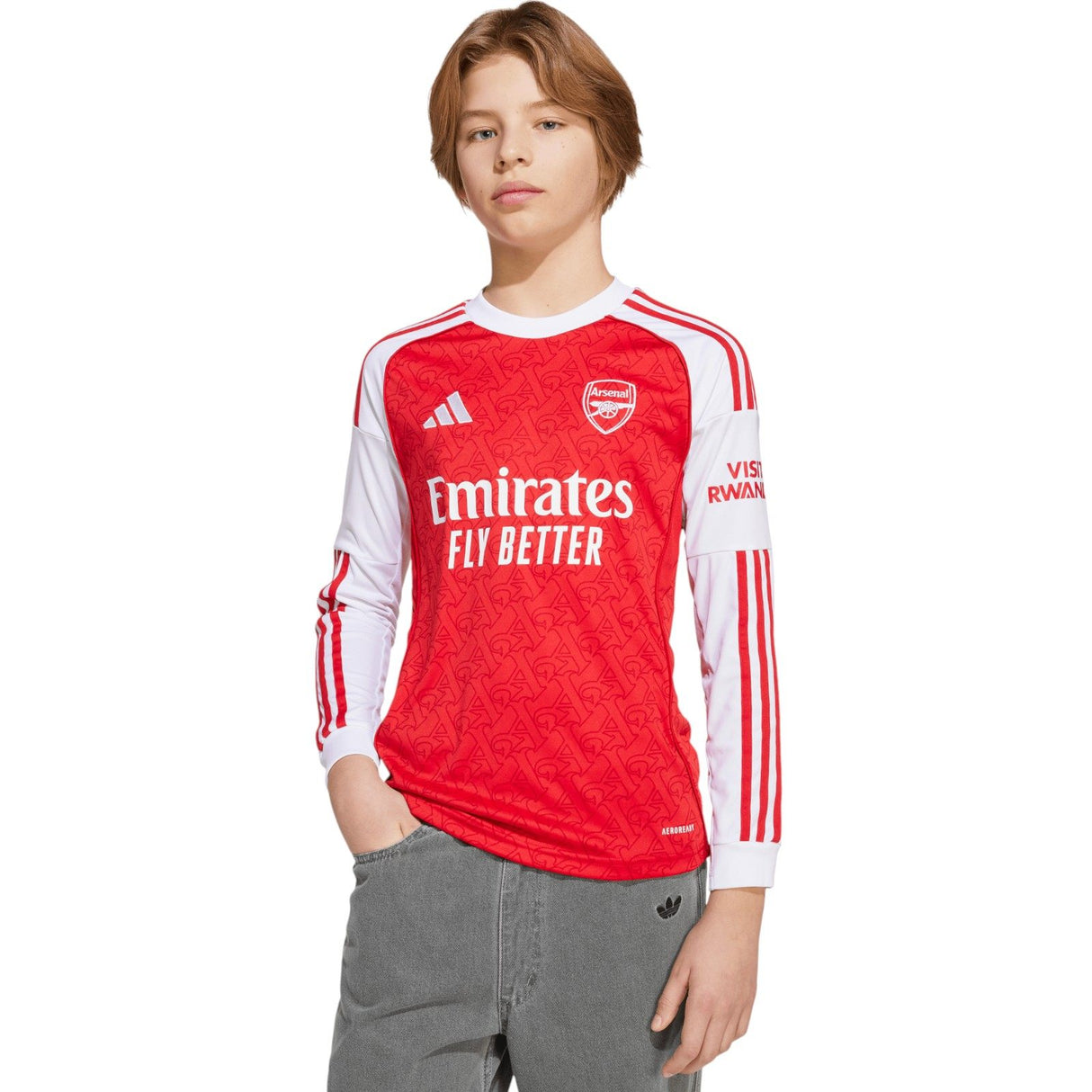 adidas Arsenal Football 2025/26 Kids Long Sleeved Home Jersey Model Front View