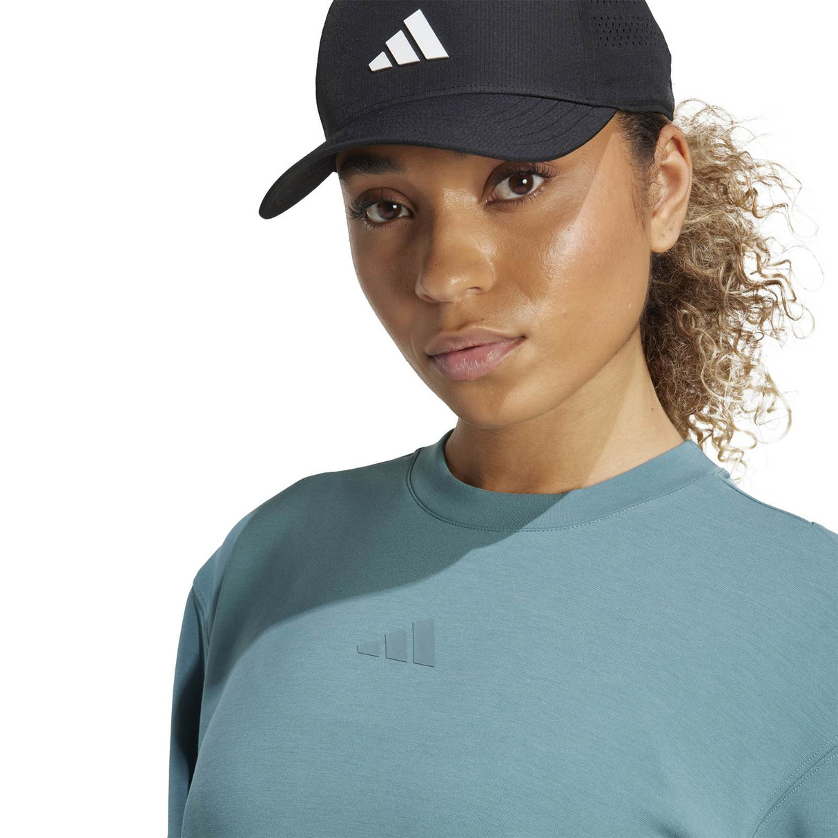 adidas D4T Womens Fleece Crew Sweatshirt Model Close-Up Chest View