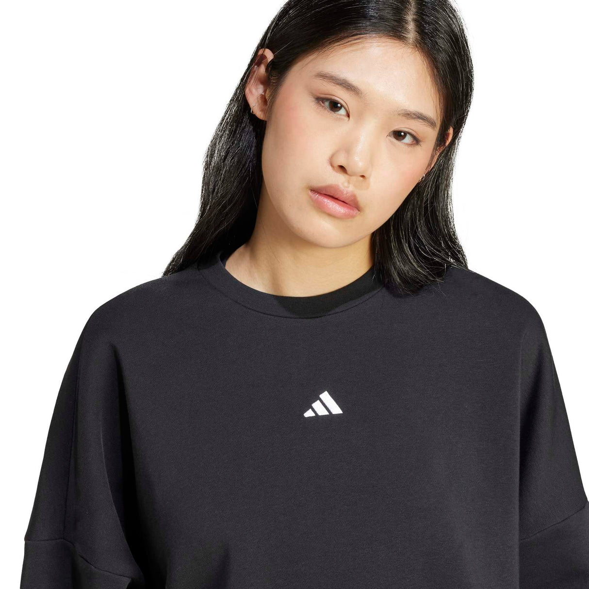 adidas Womens Fleece Crew Pullover Logo Sweatshirt Model Close-Up Chest View