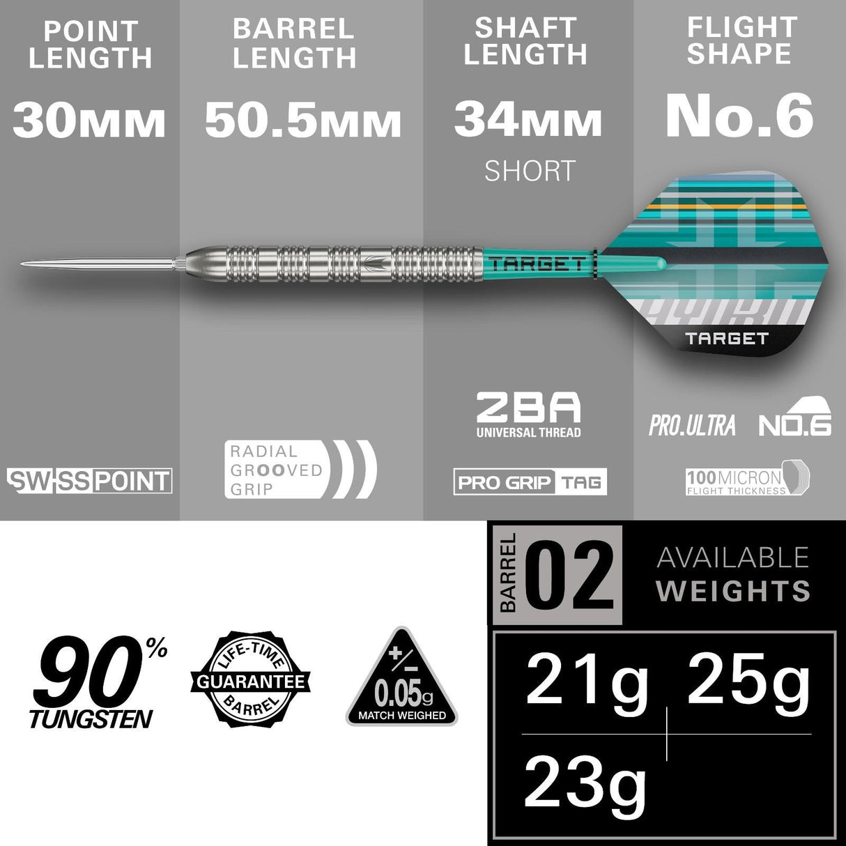 Target Hydro 02 Swiss Point 90% Tungsten 23G Steel Tip Darts