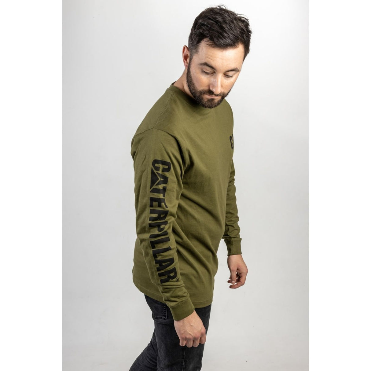 Caterpillar Mens Trademark Banner Long Sleeve T-Shirt Chive