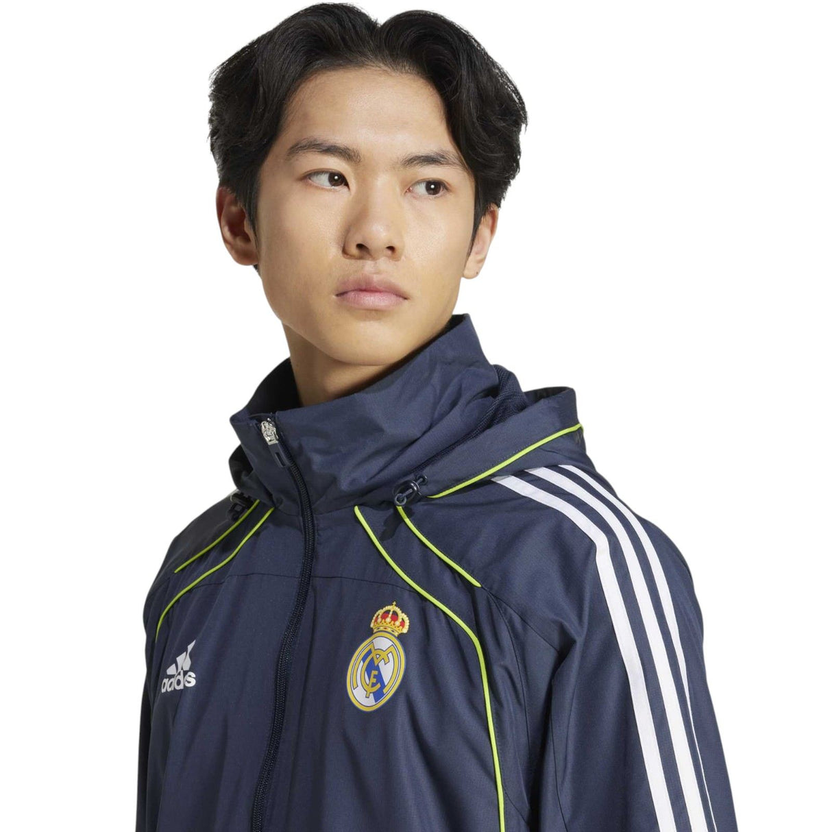 adidas Real Madrid Adults Full-Zip Windbreaker Jacket Model Close-Up Front Side View