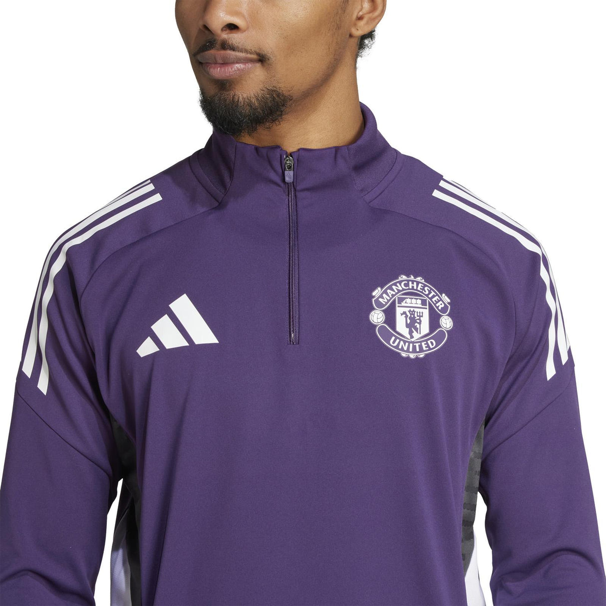 adidas Manchester Utd Football 2025/26 Adults Half-Zip Top Close-Up Model Front View