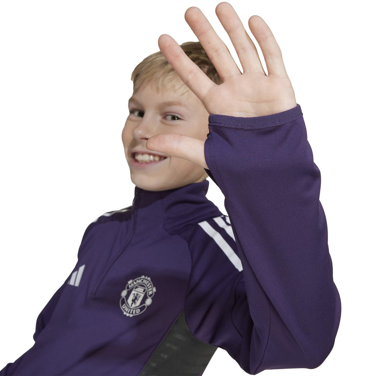 adidas Manchester United Tiro Football 2025/26 Kids Half-Zip Training Top Model Front Side View