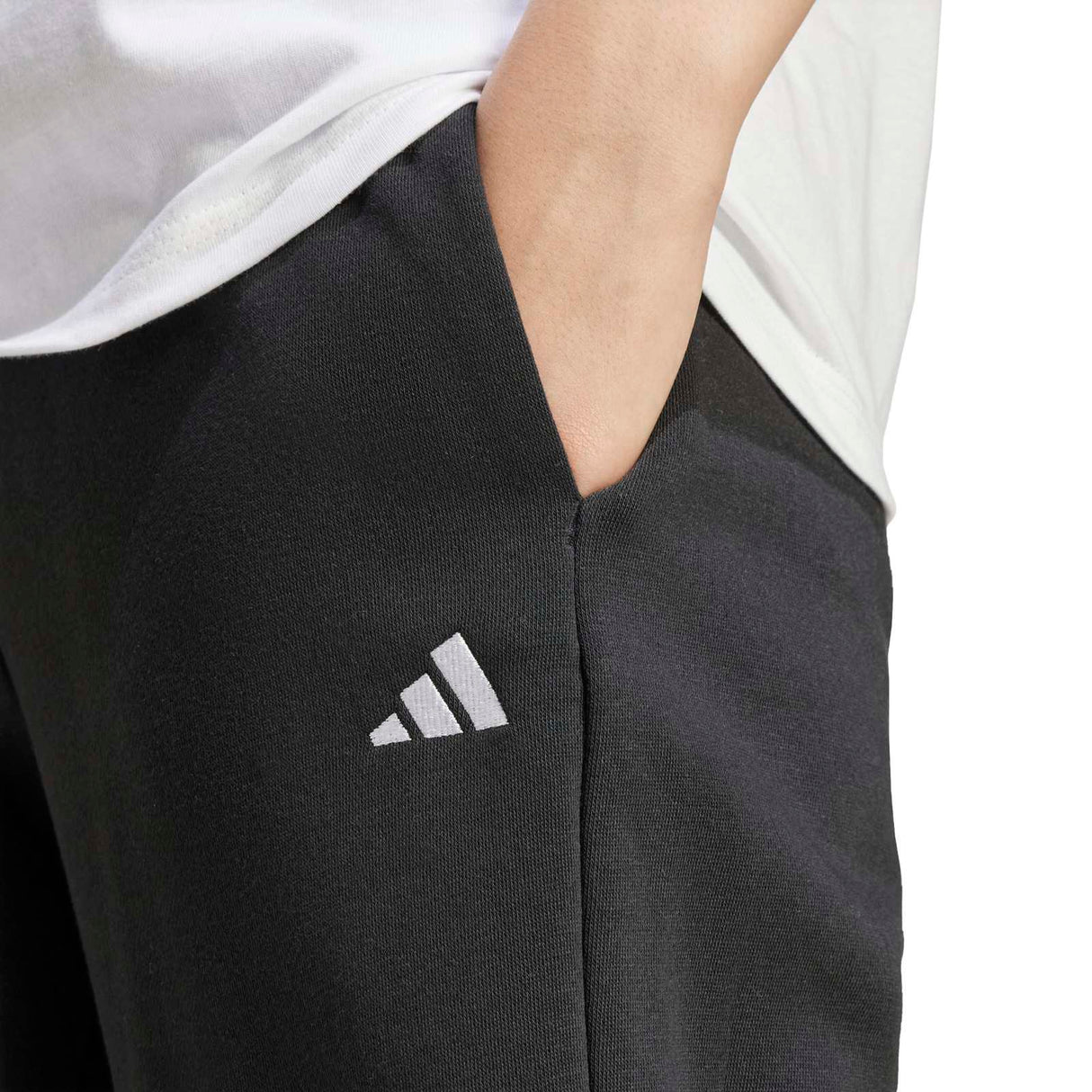 adidas Open Hem Womens Mid-Rise Fleece Training Pant Model Close-Up Pocket and Logo View