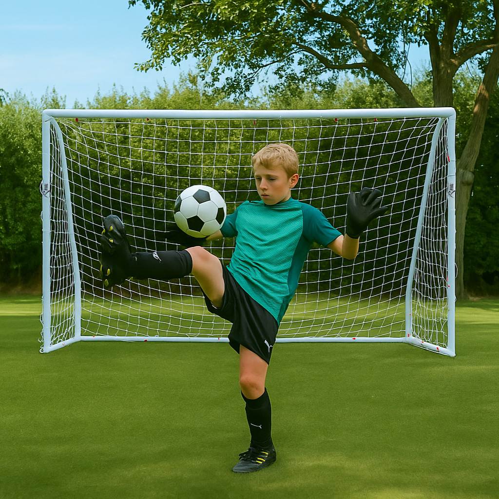 Rival 10ft x 6ft Outdoor PVC Football Goal Lifestyle Boy in Front of Goal View