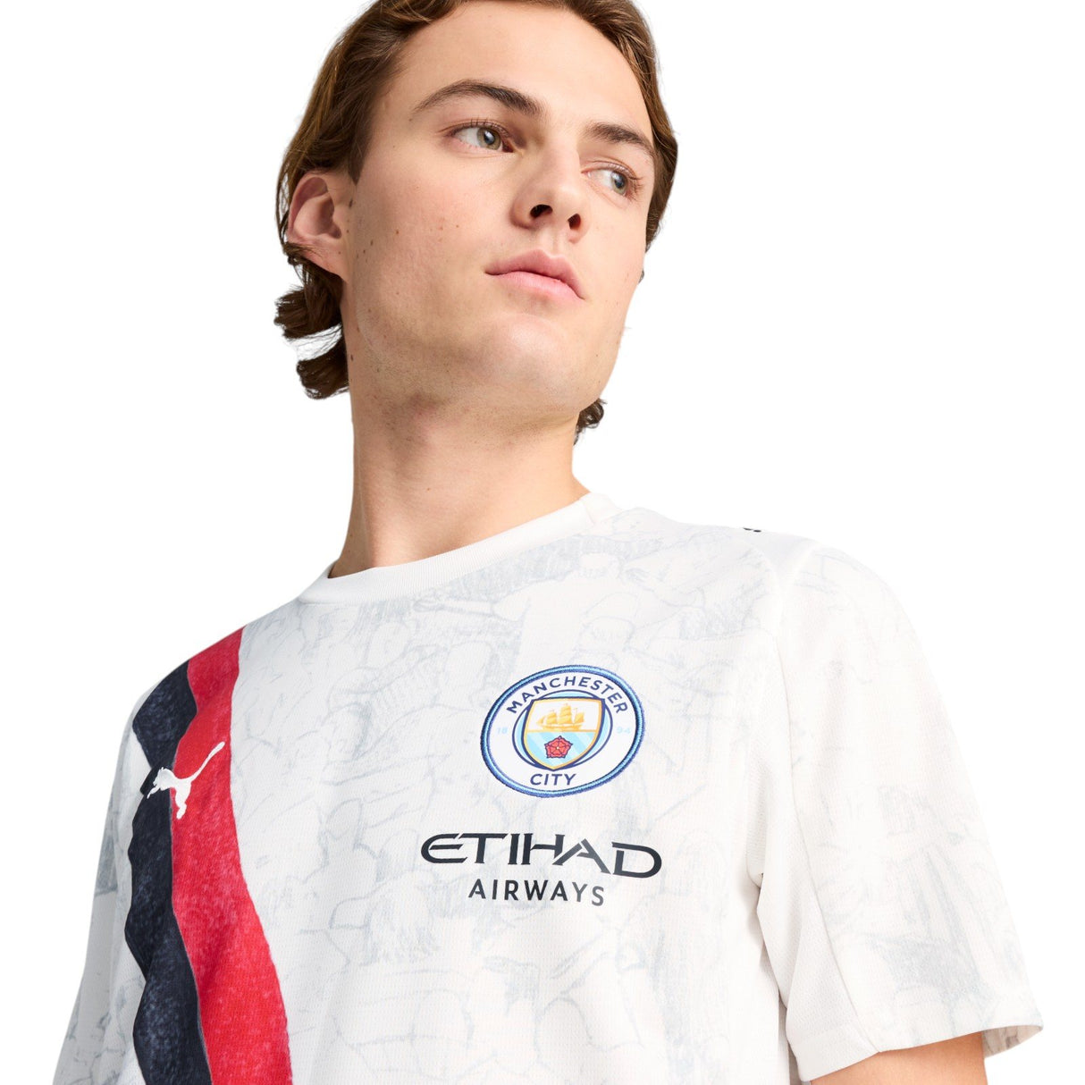 Puma Kidsuper Manchester City Football 2025/26 Adults Jersey Model Close-Up Chest View