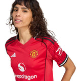 adidas Manchester Utd Football 2025/26 Womens SS Home Jersey Close-Up Model Front Side View
