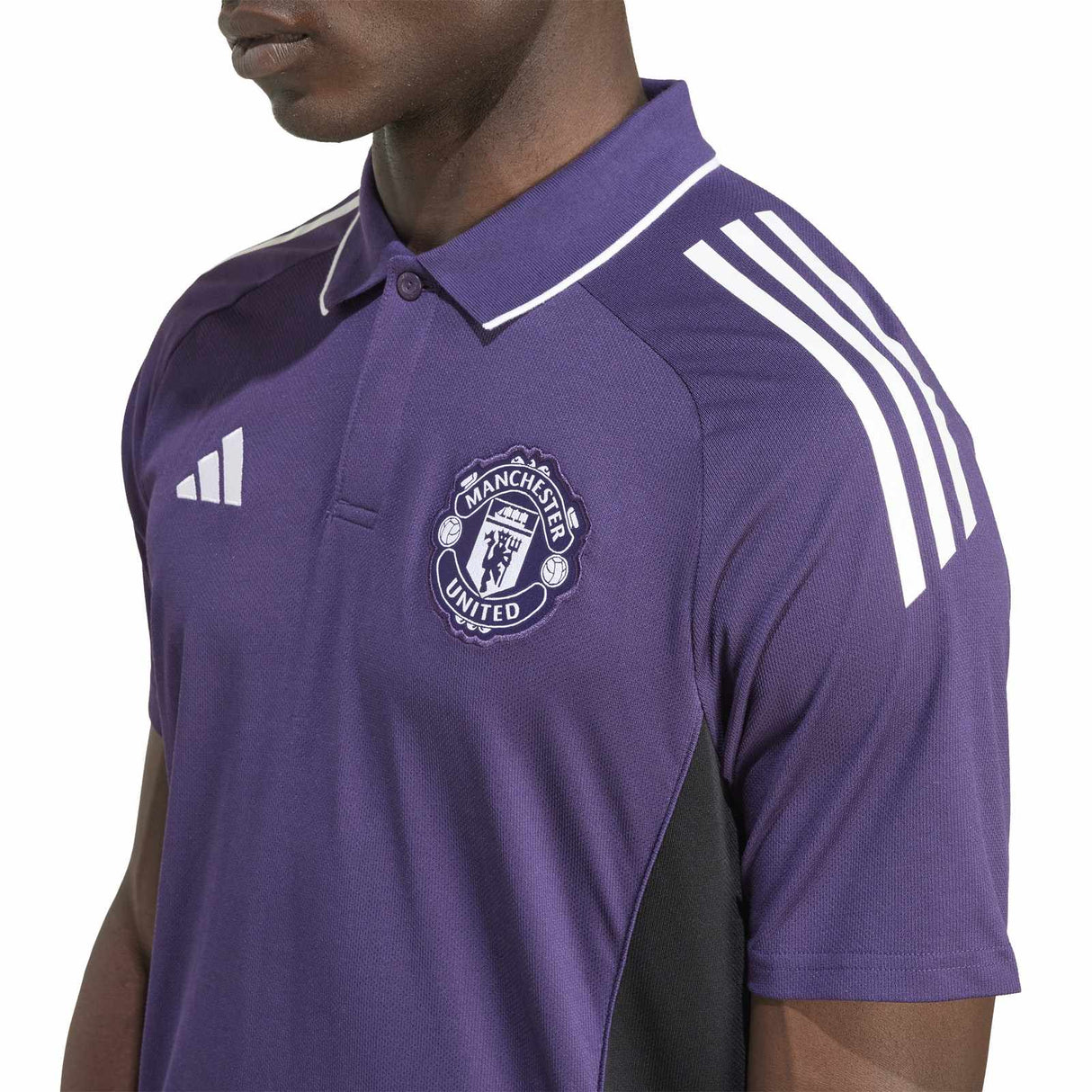 adidas Manchester United Football 2025/26 Adults Polo Shirt Model Close-Up Front Side View
