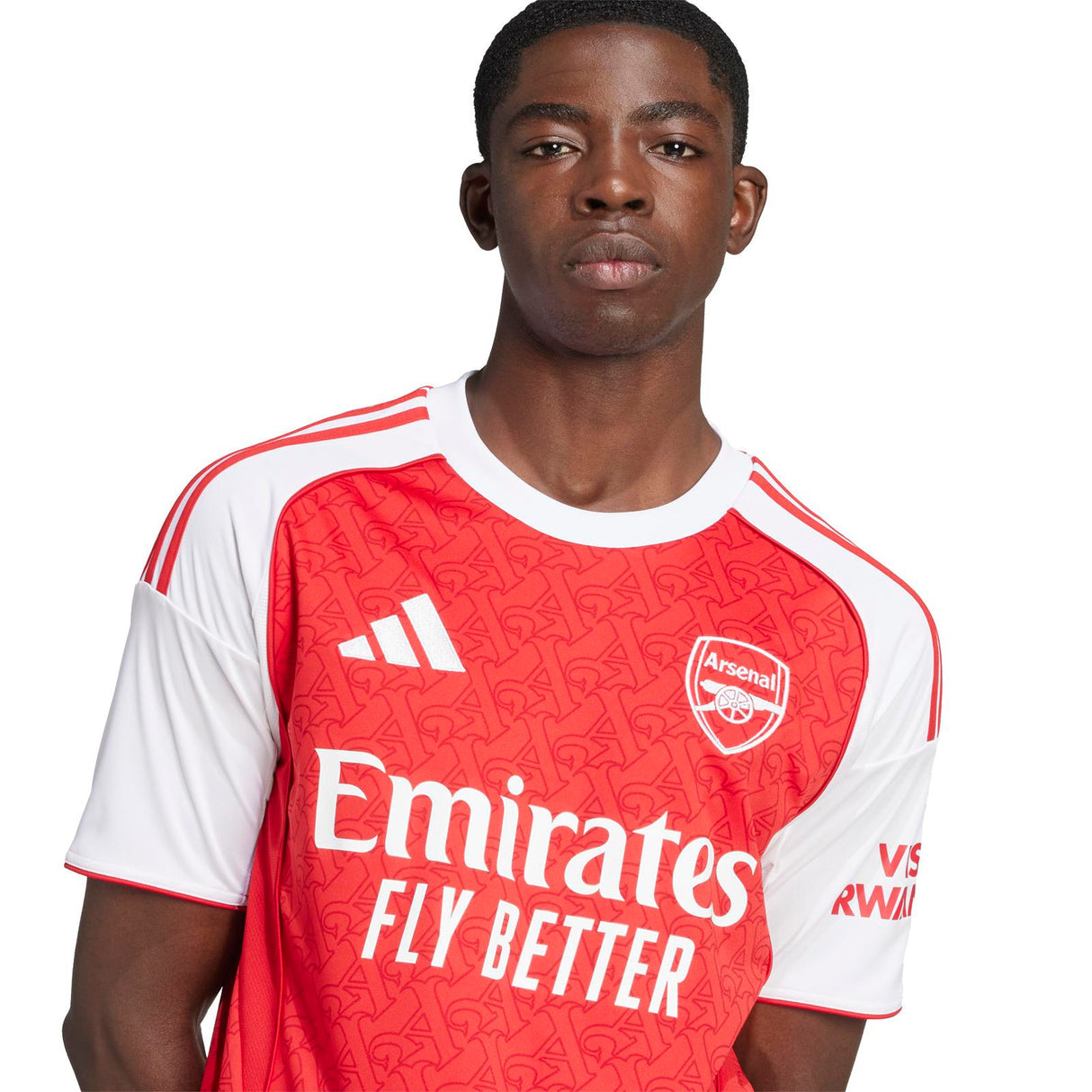 adidas Arsenal Football 2025/26 Mens Short Sleeved Home Jersey Model Close Up Front Chest