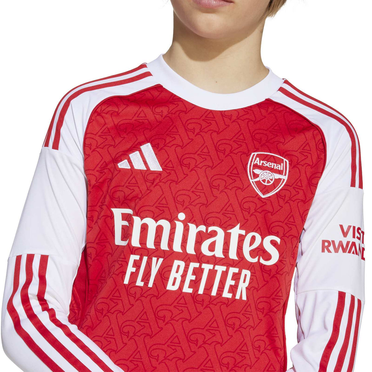 adidas Arsenal Football 2025/26 Kids Long Sleeved Home Jersey Model Close-Up Chest View