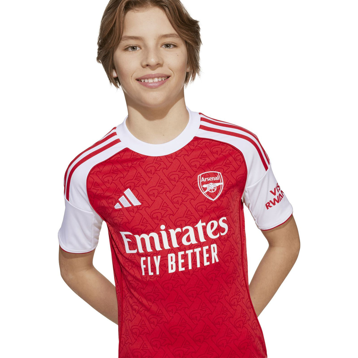 adidas Arsenal Football 2025/26 Kids Short Sleeved Home Jersey Model Close Up Front View