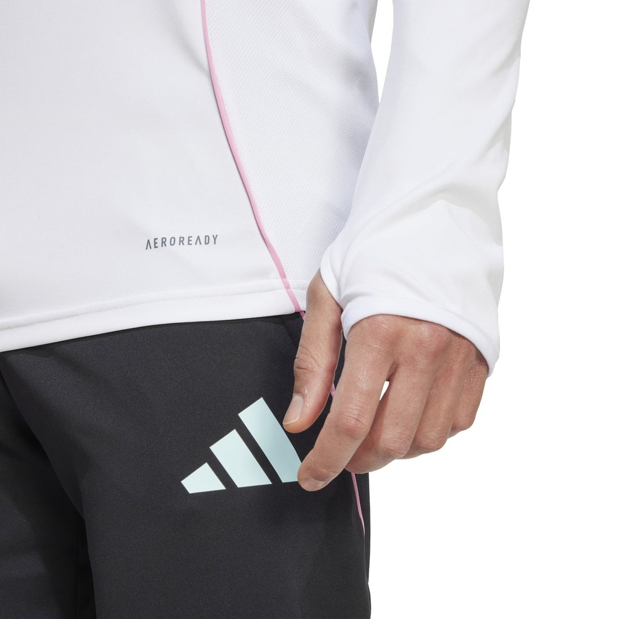 adidas Juventus Football Adults 2025/26 Half-Zip Training Top Model Close-Up Waist and Thumbhole View