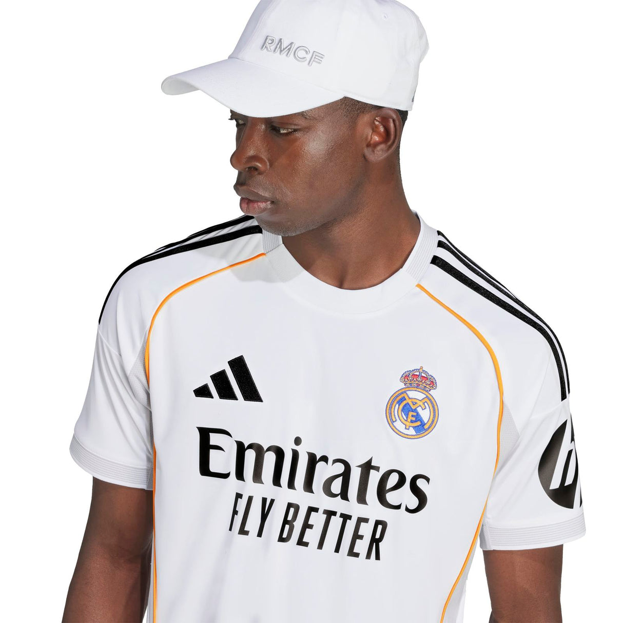 adidas Real Madrid Football 2025/26 Adults Short Sleeved Home Jersey Close-Up Model Front View