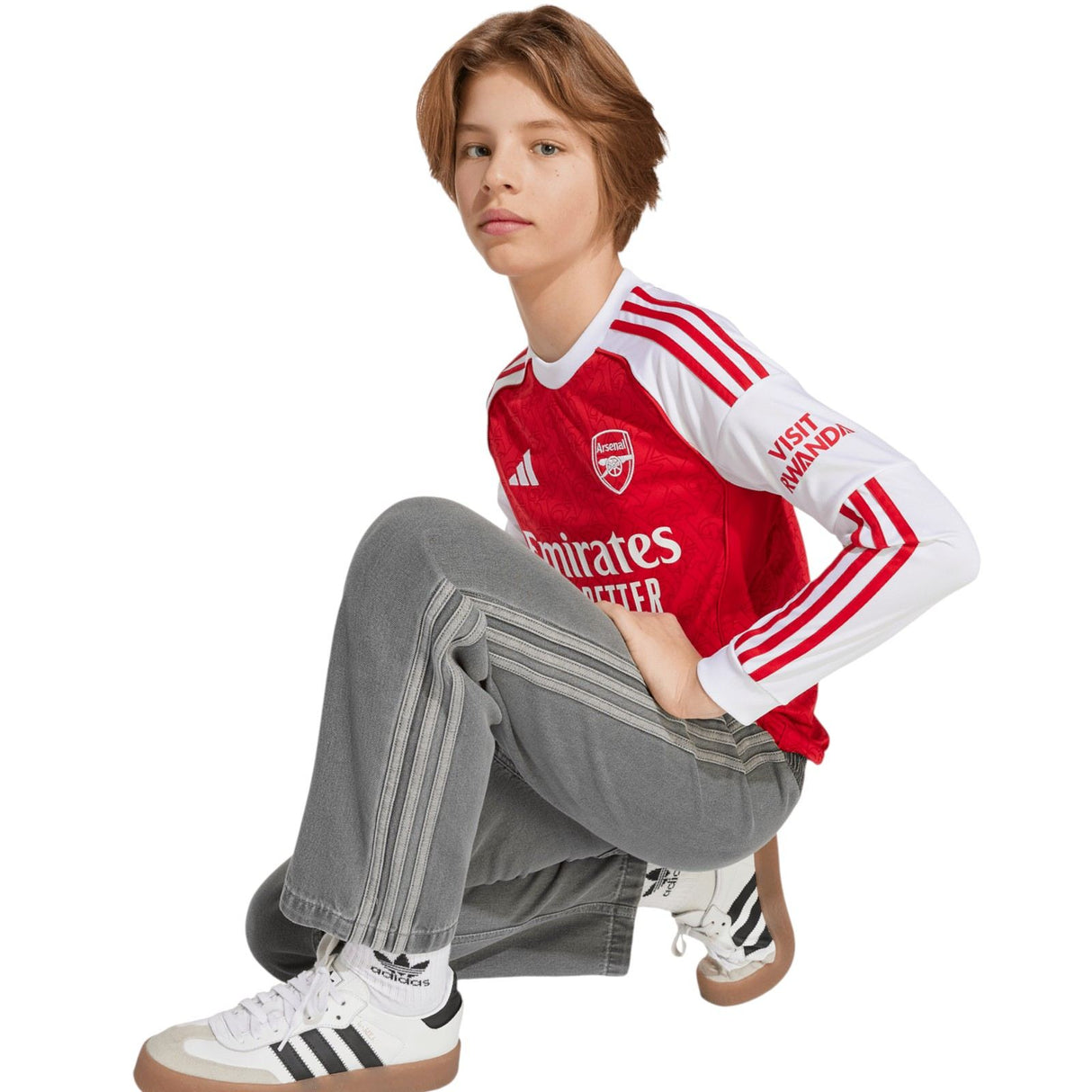adidas Arsenal Football 2025/26 Kids Long Sleeved Home Jersey Model Kneeling View
