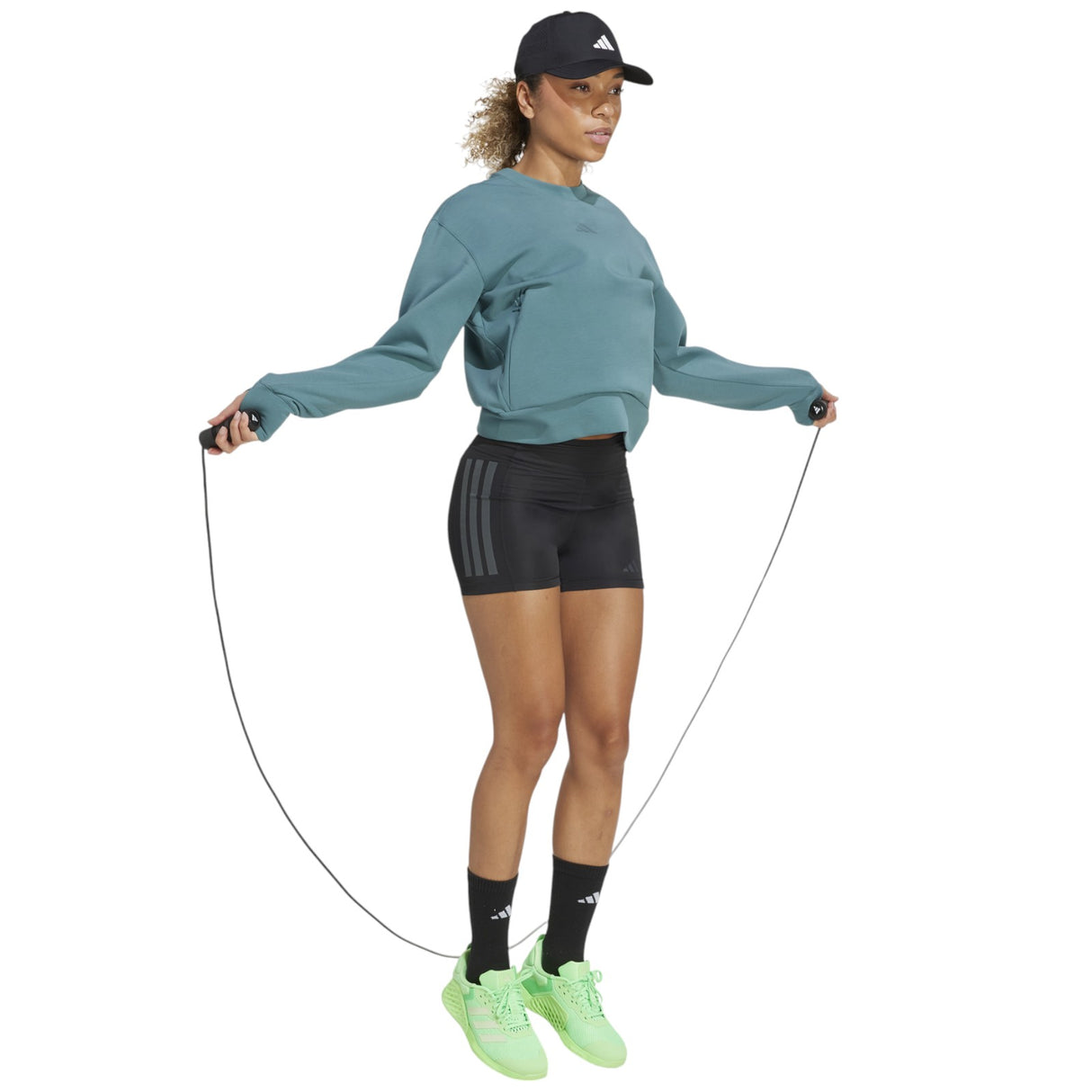 adidas D4T Womens Fleece Crew Sweatshirt Model Skipping Full-Length View