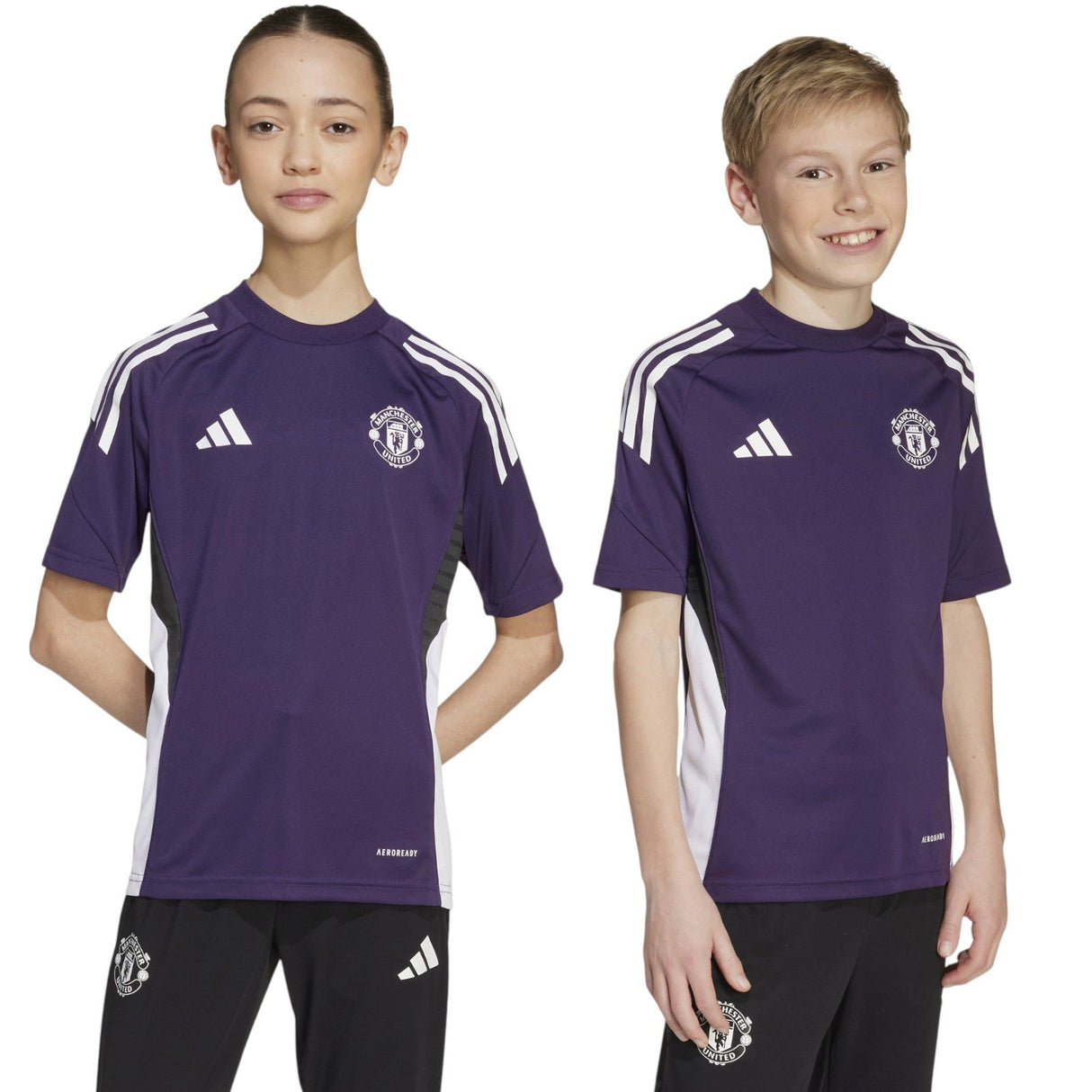 adidas Manchester United Football 2025/26 Kids Short Sleeved Training Jersey Close-Up Models Side Front View