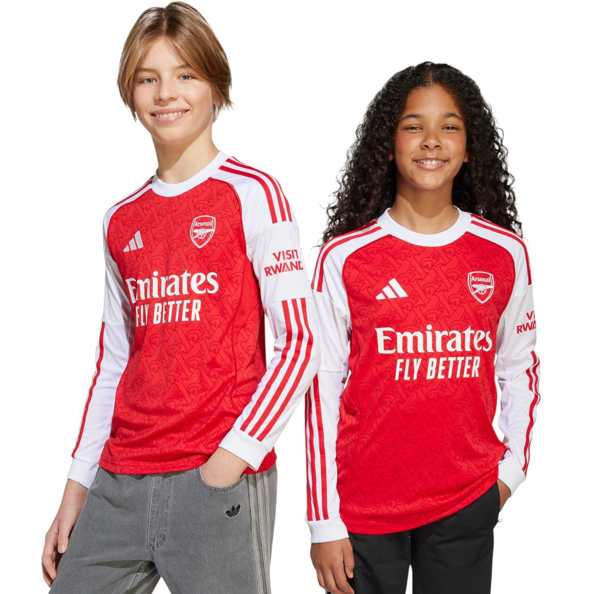 adidas Arsenal Football 2025/26 Kids Long Sleeved Home Jersey Models Front View