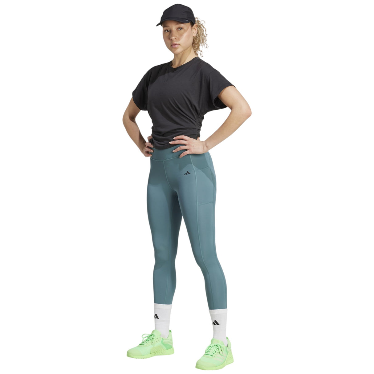 adidas Power Womens Short Sleeved Boxy Training T-Shirt Model Full-Length Standing View