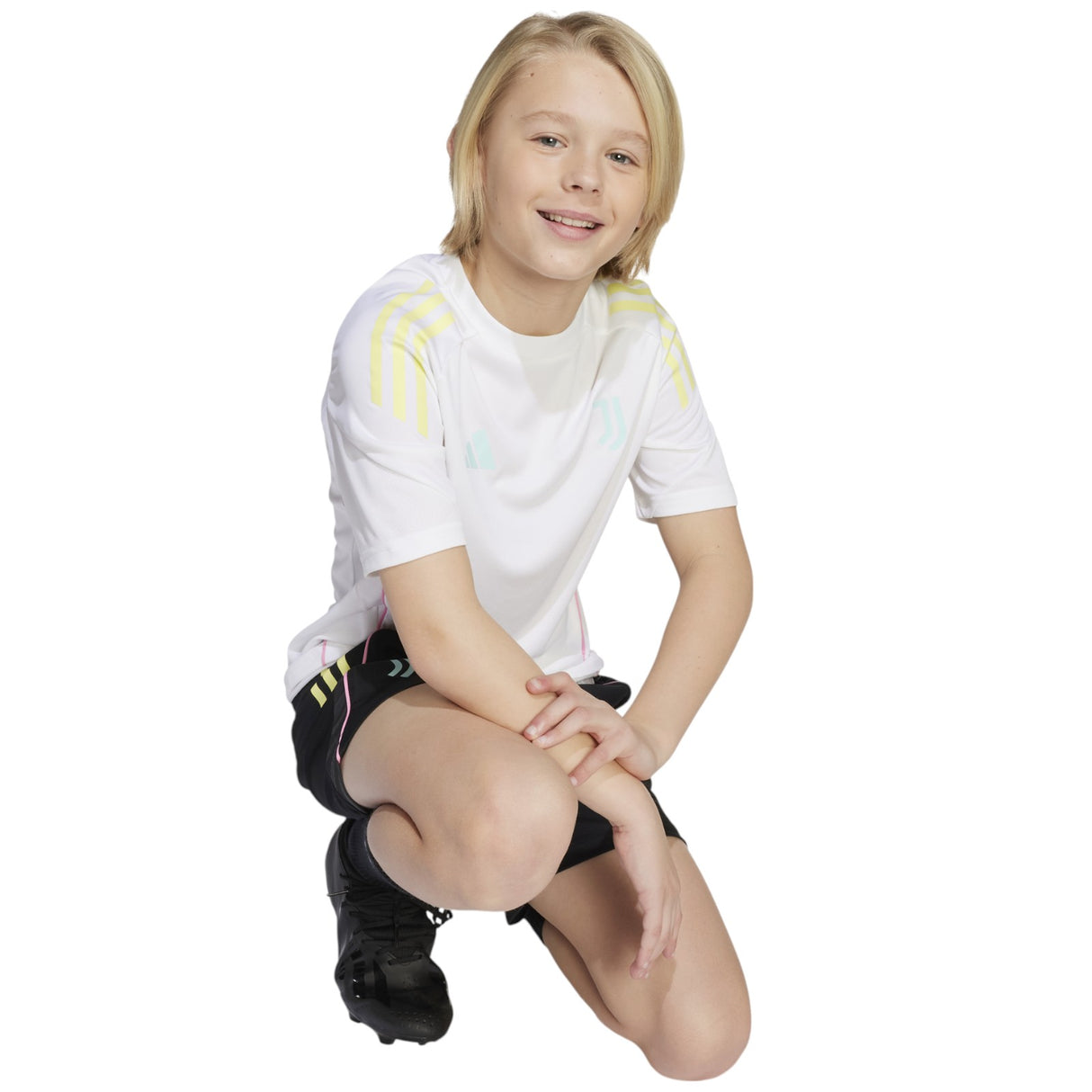 adidas Juventus Football Kids 2025/26 Training Jersey Model Kneeling Front View