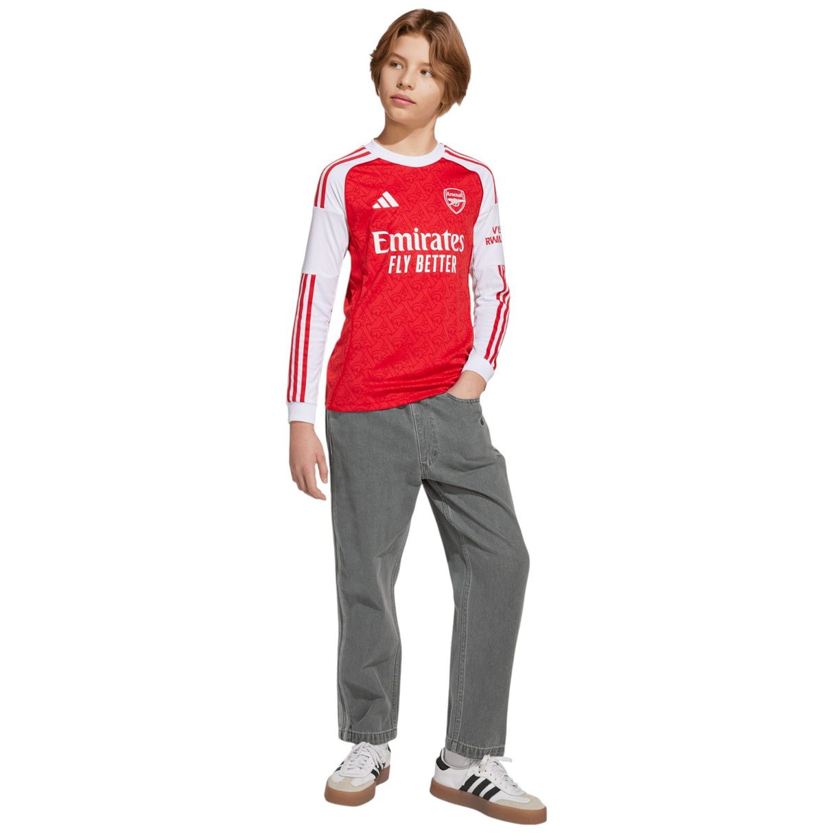 adidas Arsenal Football 2025/26 Kids Long Sleeved Home Jersey Model Full-Length View