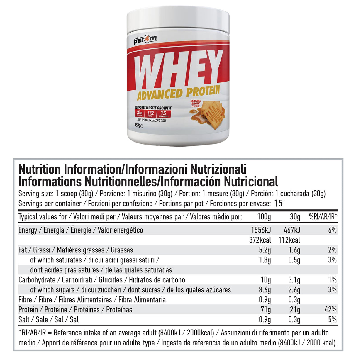 Per4m Whey Protein 450g - Caramel Biscuit Nutrition Info