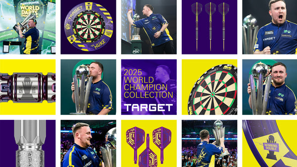 Darts Banner image that displays different Target Darts products & the Darts Player Luke Littler