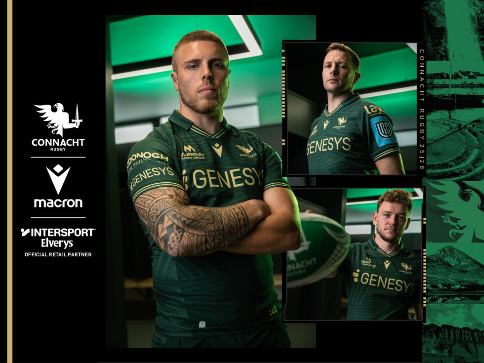 An image of Connacht Rugby players wearing the 2025/26 Home Team Jersey including the logos by Intersport Elverys, Connacht Rugby & Macron