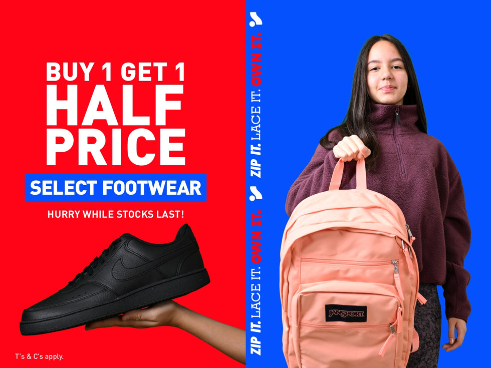 An image of a girl holding a school bag & getting ready for the new school term this September 2025. A black shoe held in hand while calling out the Buy 1 Get 1 Half Footwear sale.