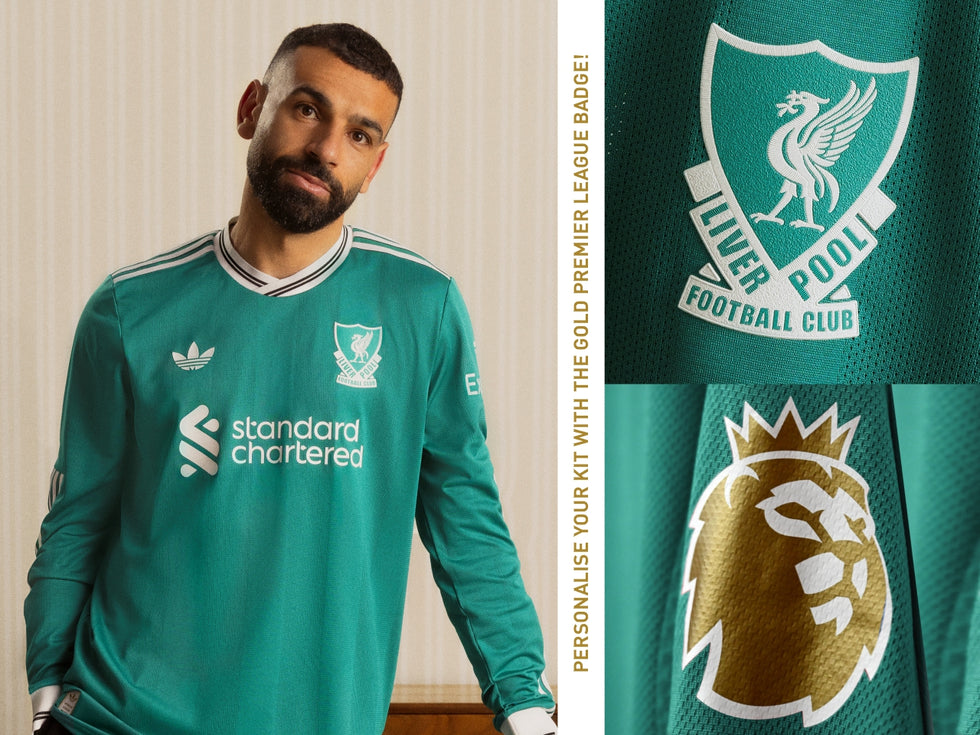 An image of players wearing the 2025/26 Liverpool F.C. Third Jersey, including text and imagery calling out the unique badge print personalisation