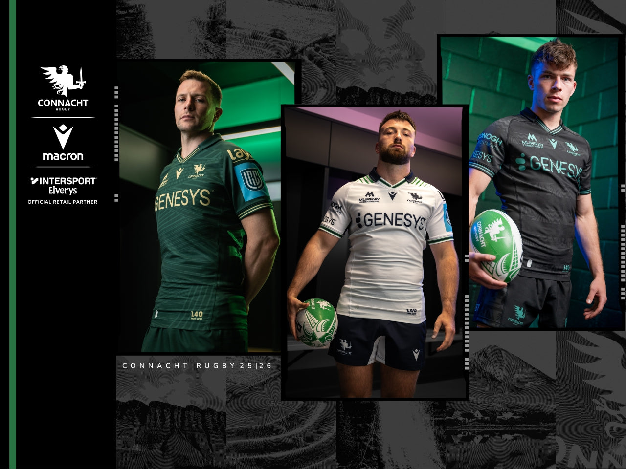 An image of Connacht Rugby Players wearing the new 2025/25 Home, Away & European Jersey.