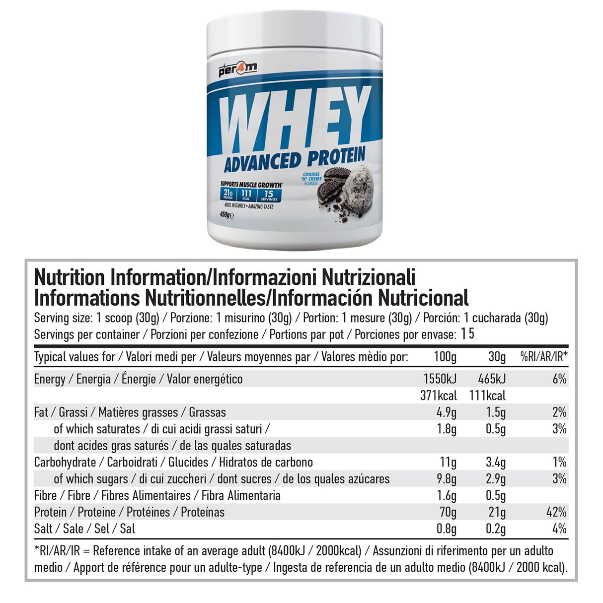 Per4m Whey Protein 450g - Cookie N Creme Nutrition Info