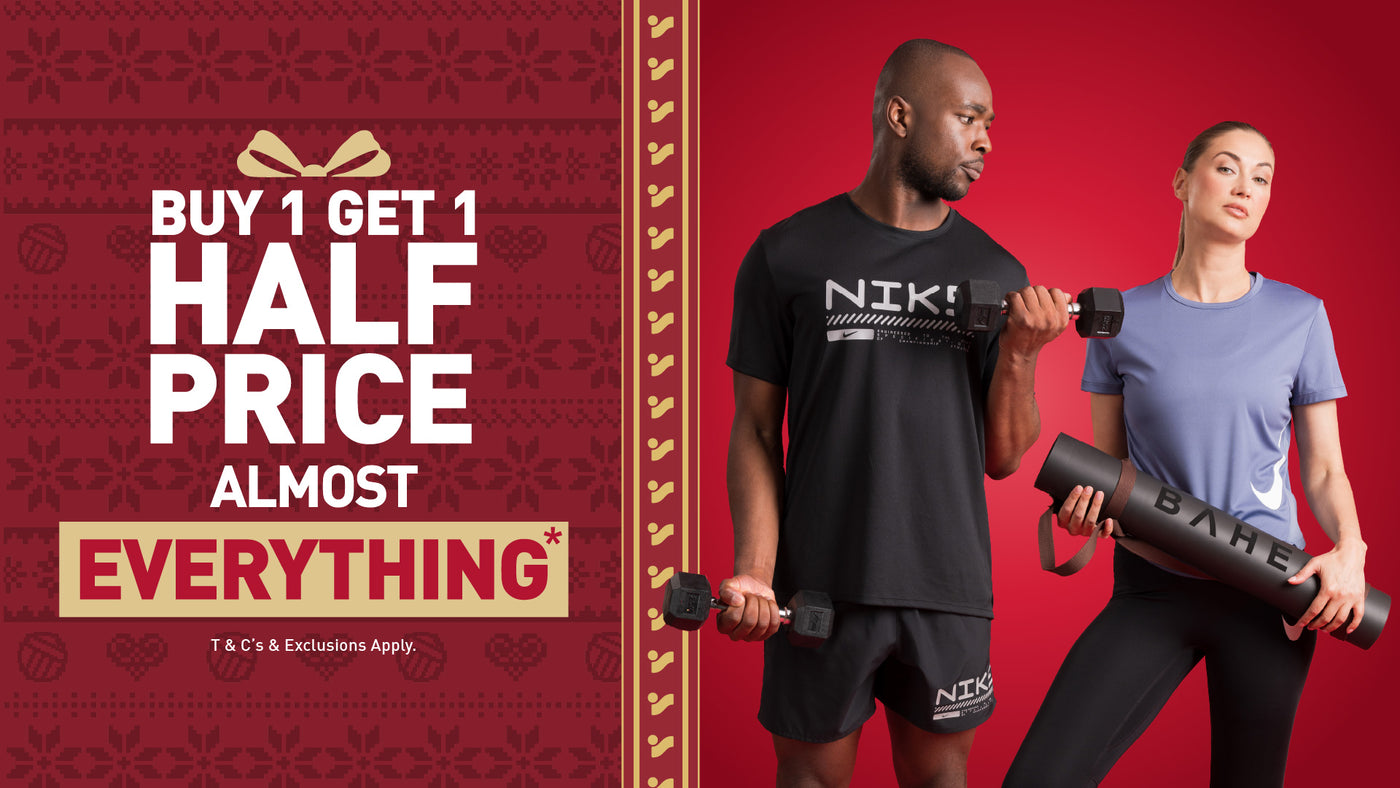 An image of the Intersport Elverys Christmas Black Friday sale offer, calling out Buy 1 Get 1 Half Price on almost everything. Features adults showcasing products as part of the promotion.