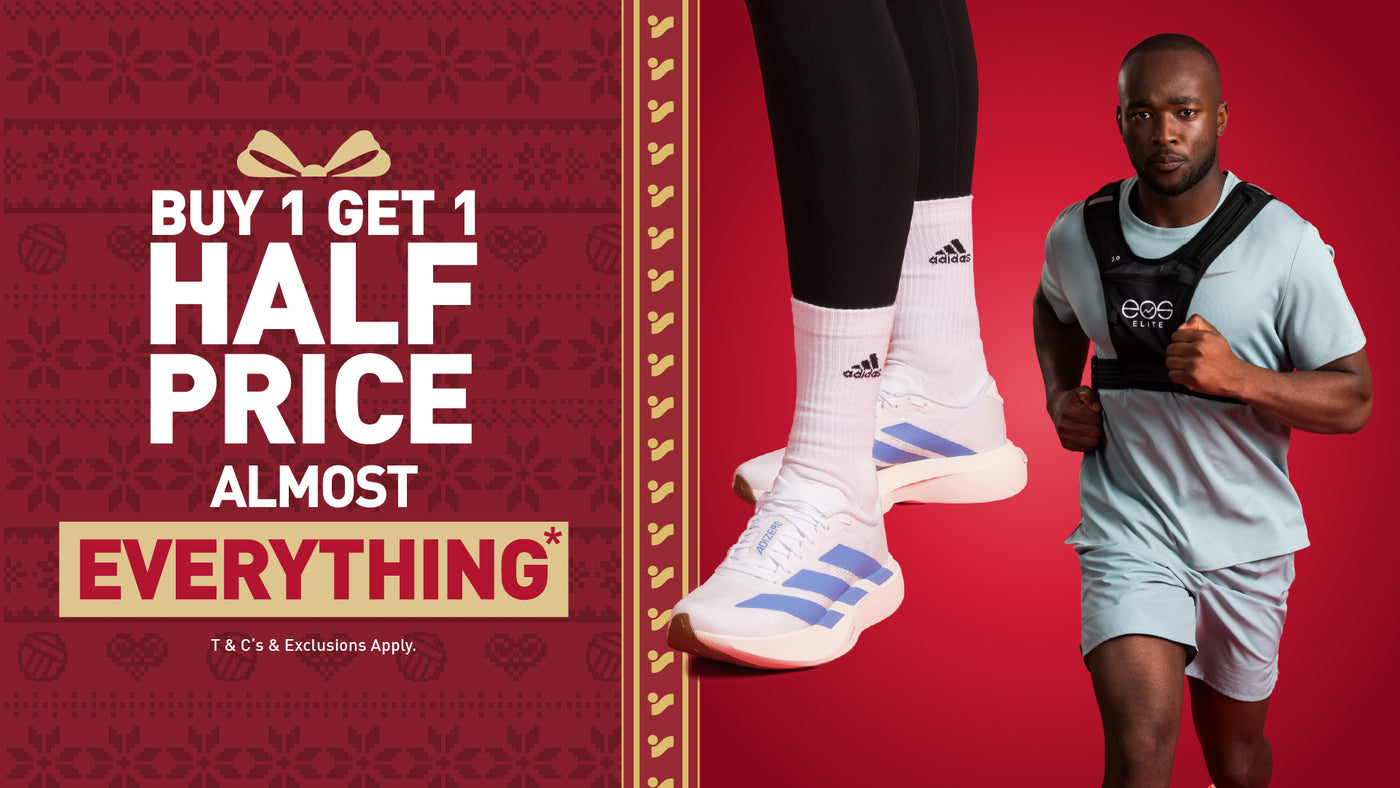 An image of the Intersport Elverys Christmas Black Friday sale offer, calling out Buy 1 Get 1 Half Price on almost everything. Features adults showcasing products as part of the promotion.